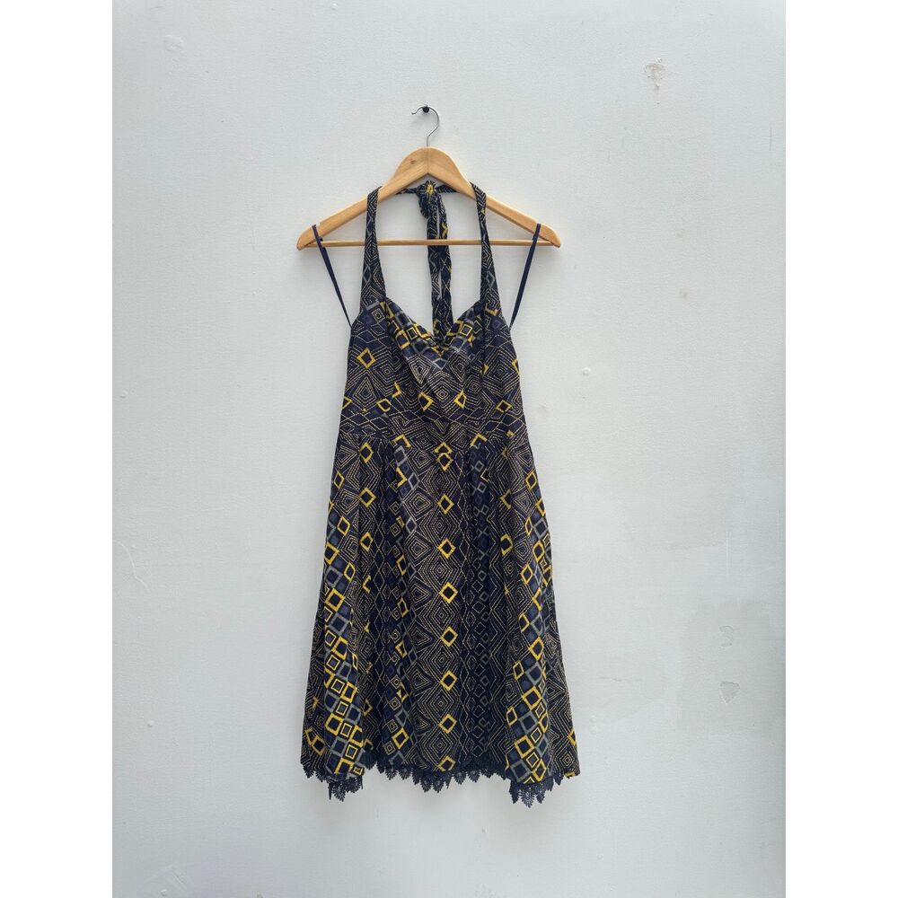 Anthropologie Edme & Esyllte Rhythmic Repetition Halter Dress Navy Sz 10